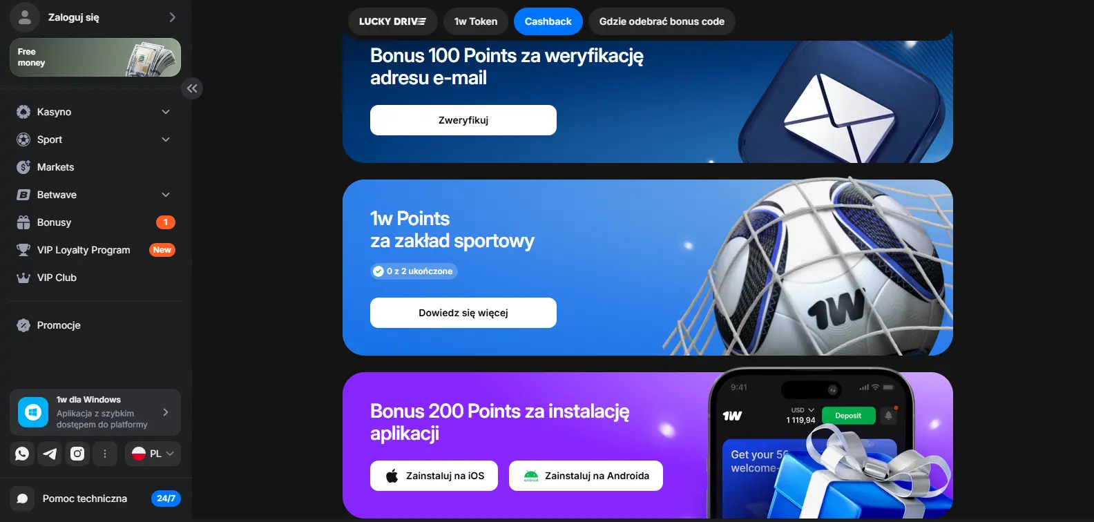 1win Casino Polska punkty coins poziomy programu lojalnościowego