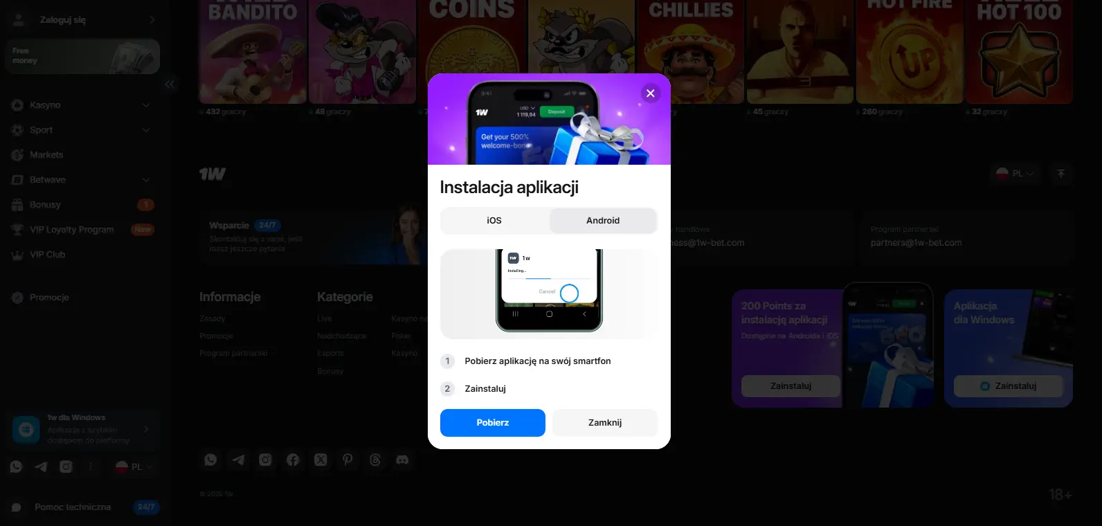1win Casino Polska gra z telefonu Android iPhone przeglądarka